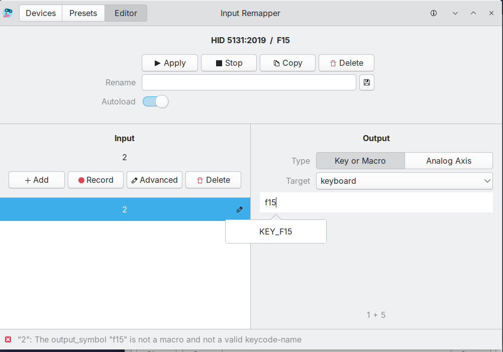 Selecting KEY_F15 output