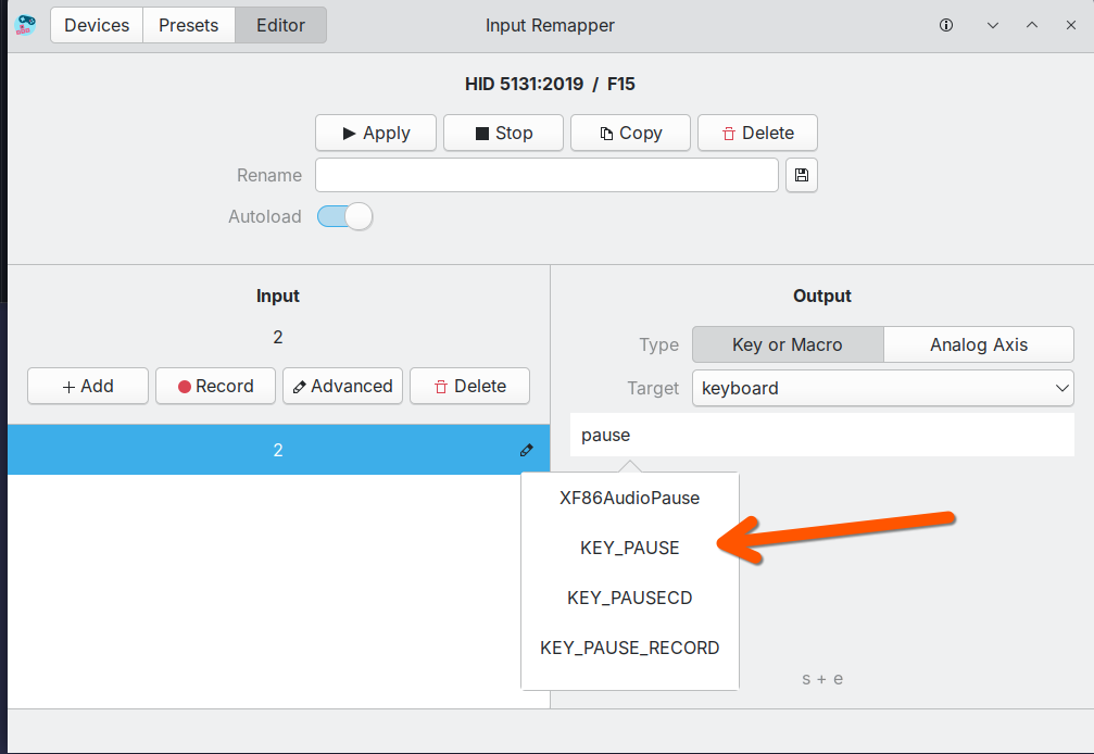 Selecting KEY_PAUSE output