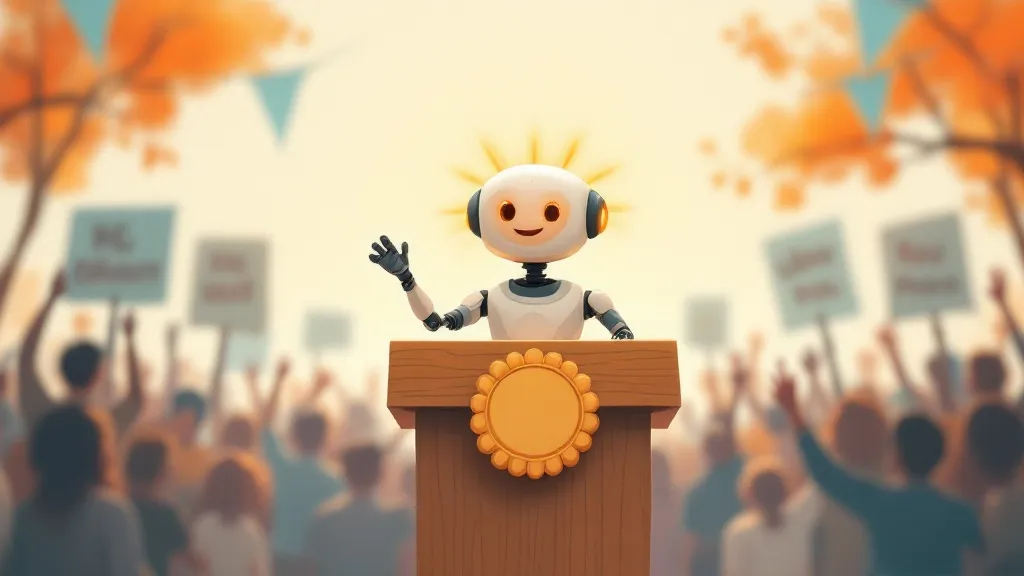 A cheerful robot addressing a crowd from a campaign podium
